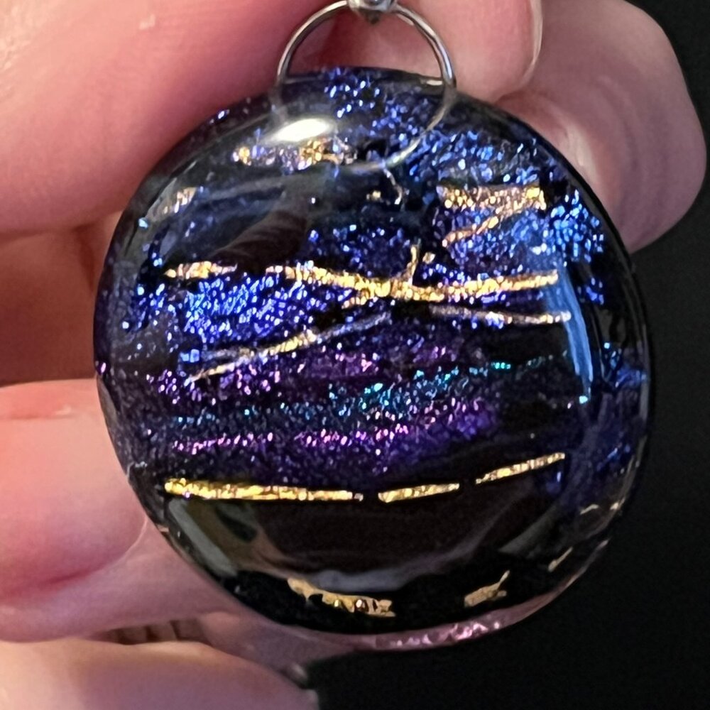 Marian Fieldson Blue, Purple & Gold Dichroic Glass Pendant – 1¼” Round - Picture 2 of 6